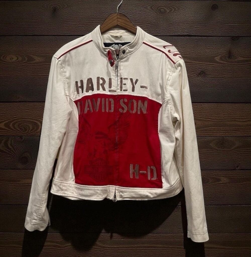 Harley-Davidson Vintage Y2K Women's White Motorcycle Jacket XL Eagle Graphic